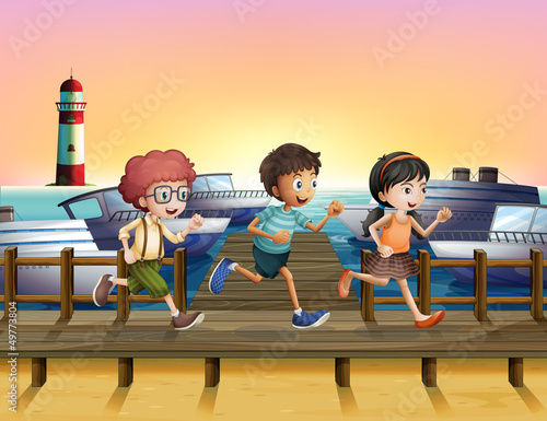 Kids running at the seaport