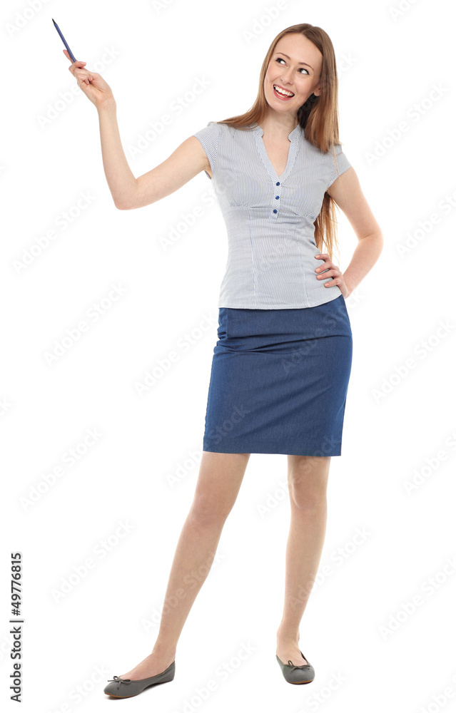 Young businesswoman pointing up Young businesswoman pointing up