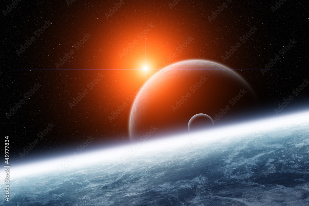 Naklejka premium Planet with Double Moons and Rising Star
