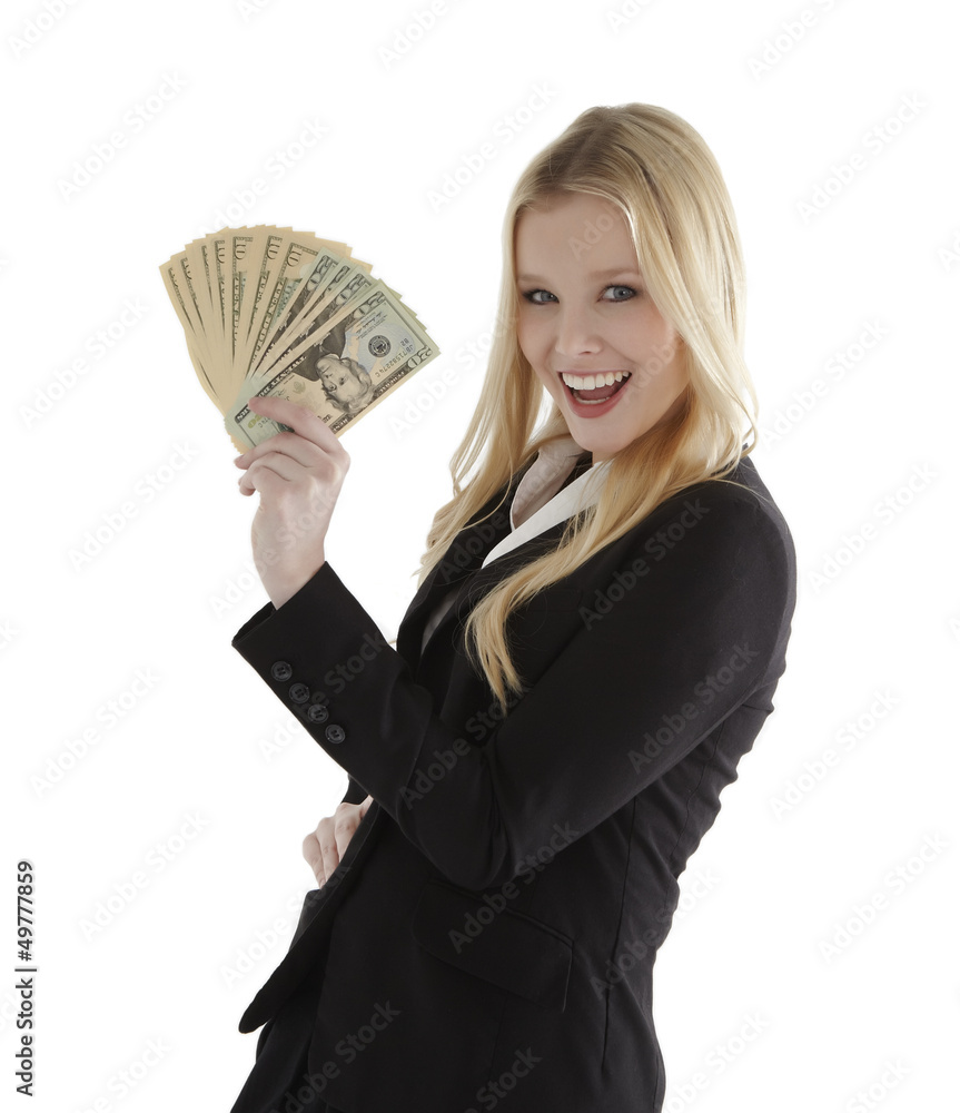 Confident young businesswoman holding currency notes and smiling Confident young businesswoman holding currency notes and smiling