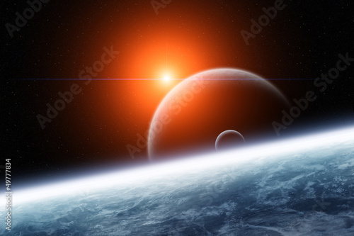 Planet with Double Moons and Rising Star