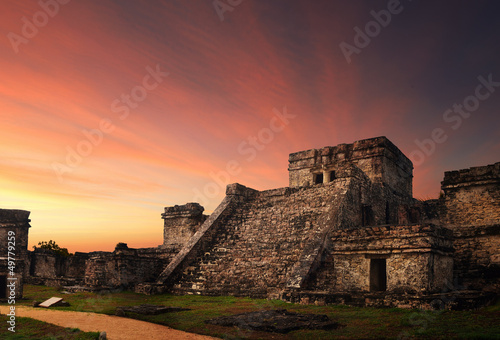 Castillo fortress at sunset in the ancient Mayan city of Tulum, #49779259