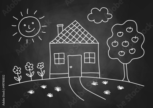 Drawing of house on blackboard