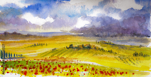 Tuscany landcape watercolor painted.