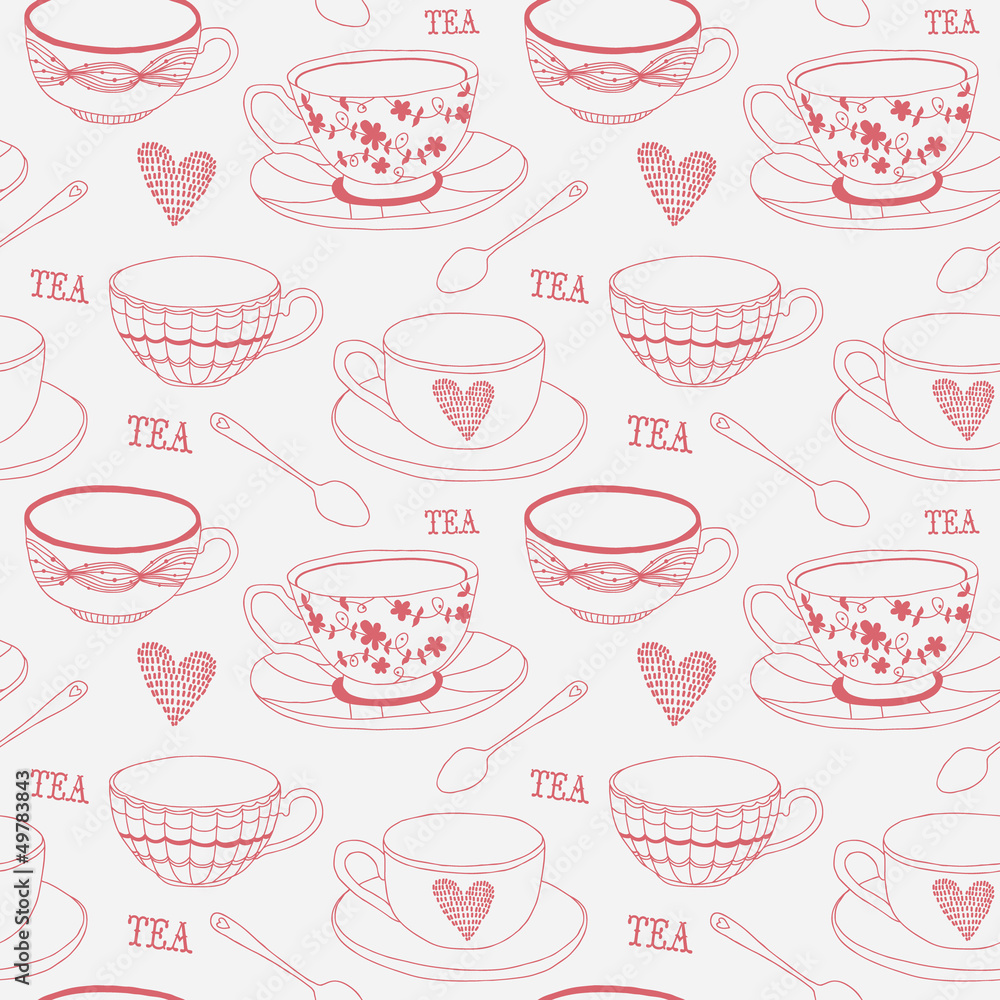 Seamless pattern with tea cup, tea spoon, heart