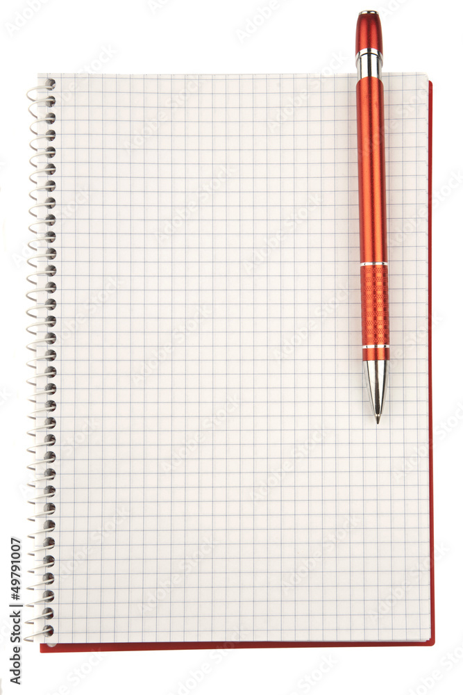Open blank checked notebook with red pen isolated on white backg Open blank checked notebook with red pen isolated on white backg