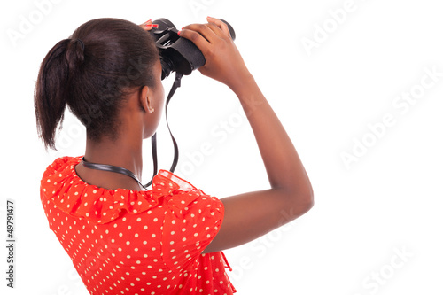African American using binoculars isolated over white background