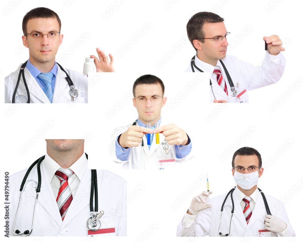 Set (collage) of young doctor in Hospital.Isolated over white Set (collage) of young doctor in Hospital.Isolated over white