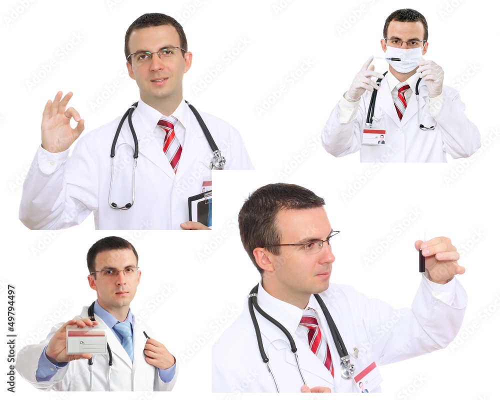 Set (collage) of young doctor in Hospital.Isolated over white Set (collage) of young doctor in Hospital.Isolated over white