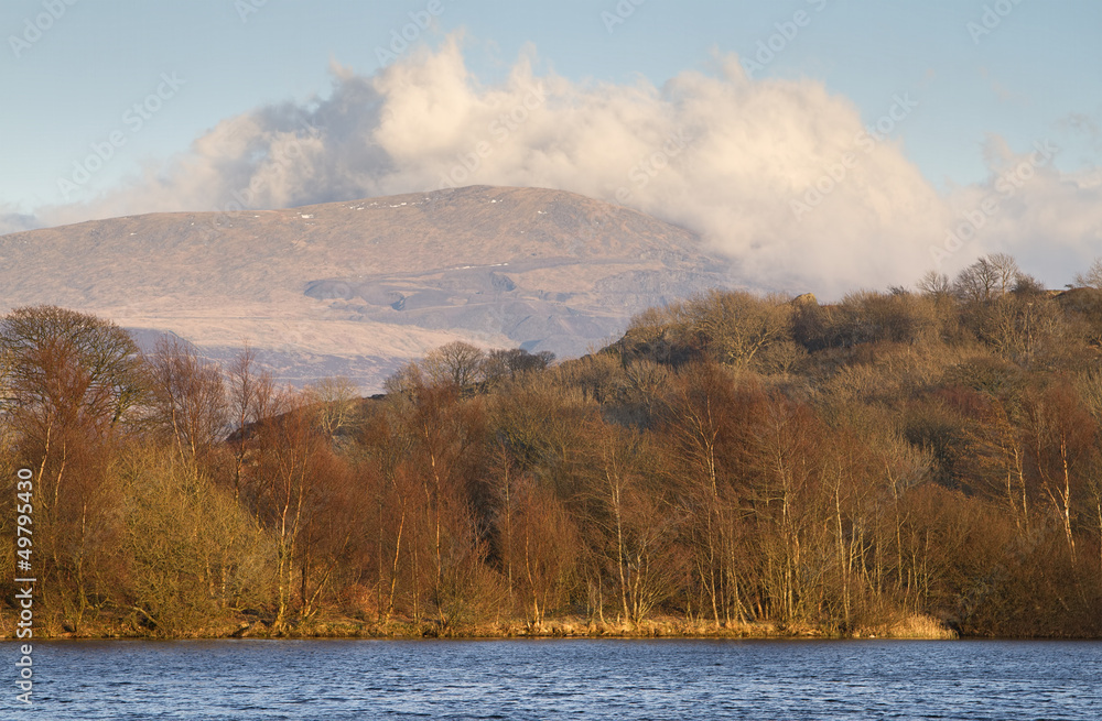 Lake in north wales with view of Snowdonia National Park