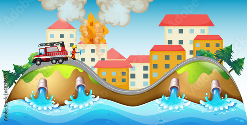 A burning village rescued by a fireman