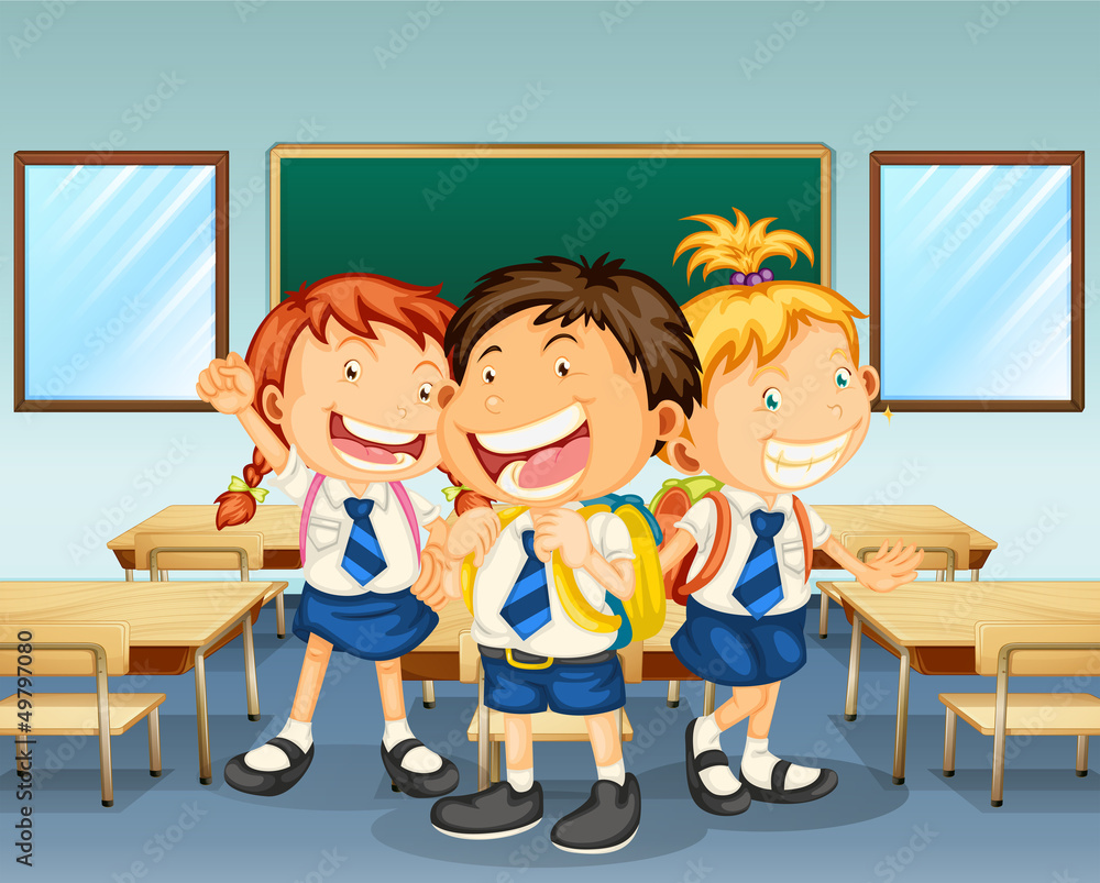 Three children smiling inside the classroom Three children smiling inside the classroom