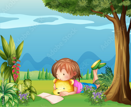 A girl with a bear reading a book