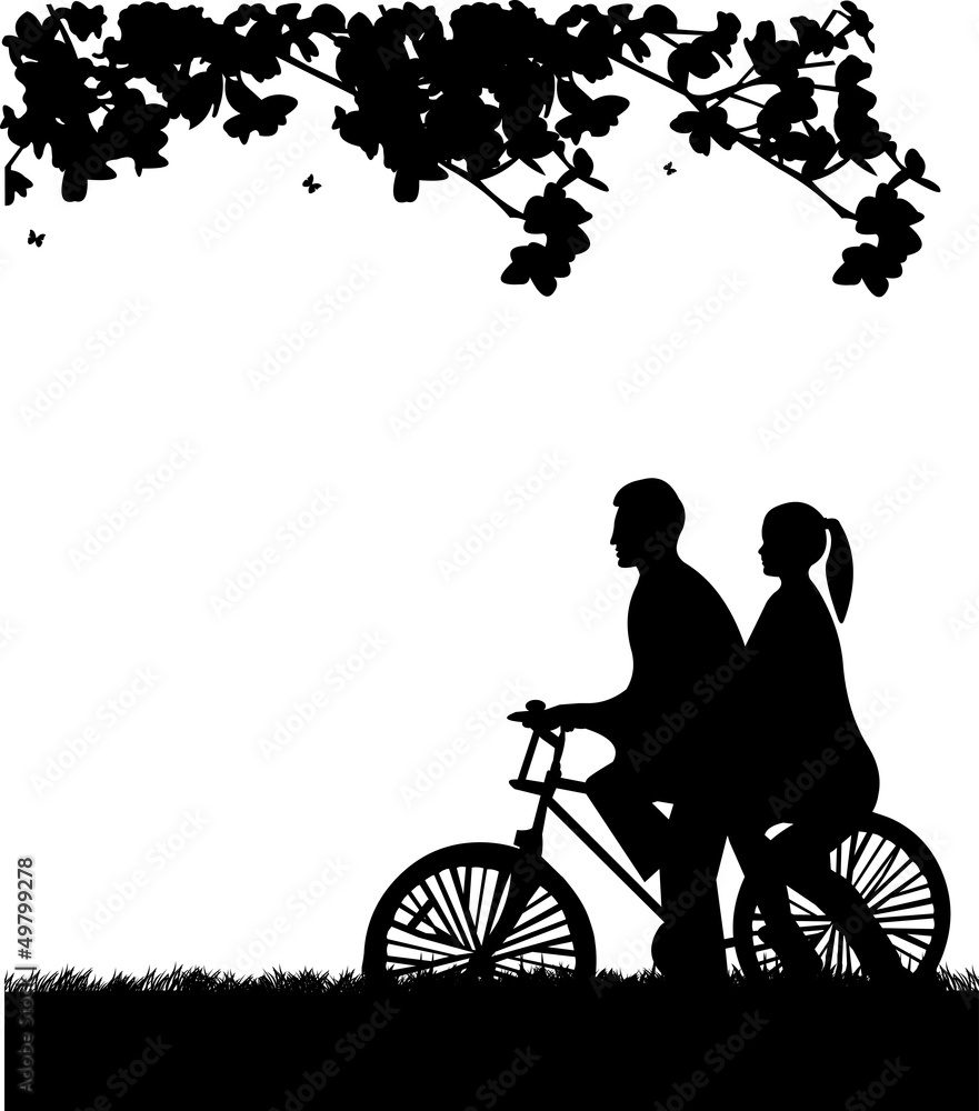 Obraz premium Couple bike ride in park in spring silhouette