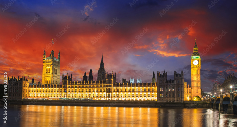 Sunset Colors over Big Ben and House of Parliament - London