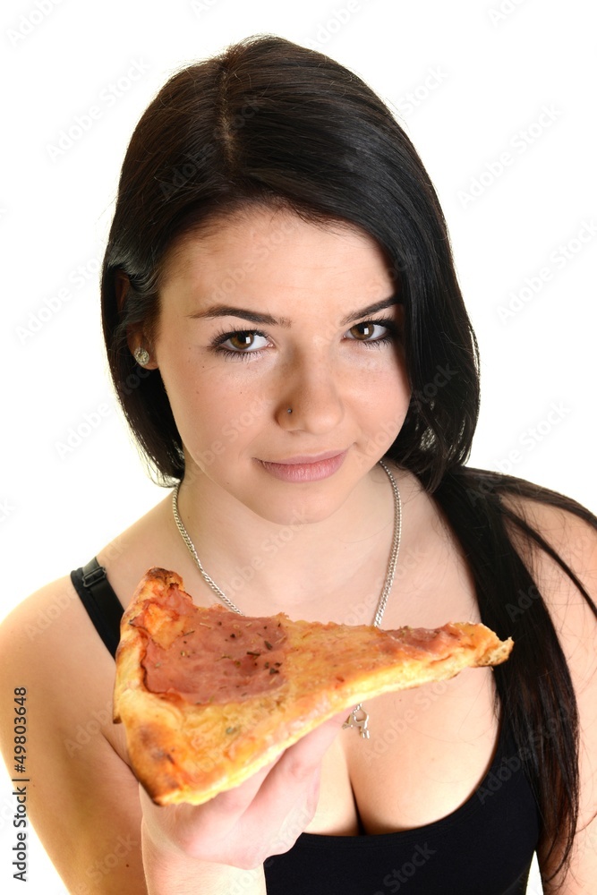 Young happy woman eating pizza, isolated on white Young happy woman eating pizza, isolated on white