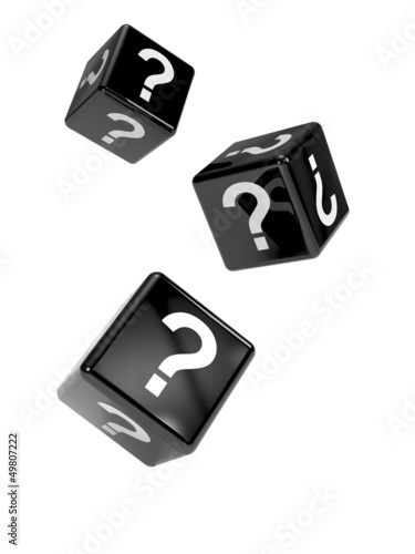 3 black dice with question marks
