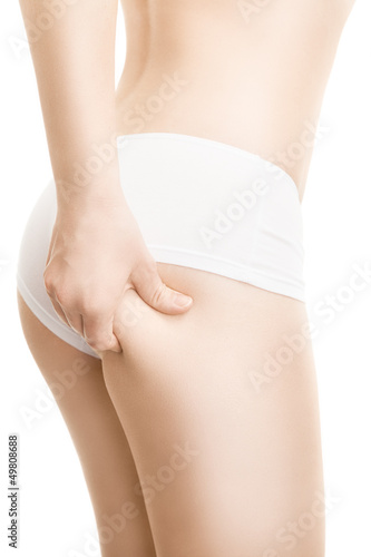 Female squeezing buttock and showing no cellulite
