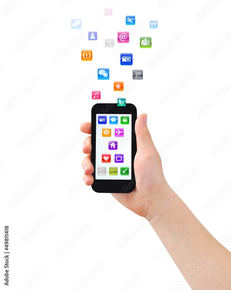 Hand holding smartphone with color icons, isolated Hand holding smartphone with color icons, isolated