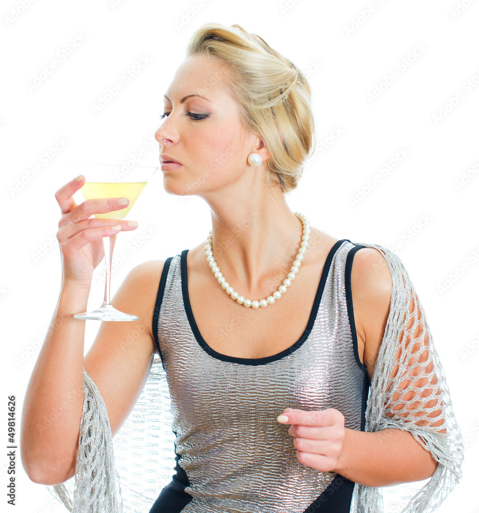 Young woman in party dress drinking. Isolated on white Young woman in party dress drinking. Isolated on white