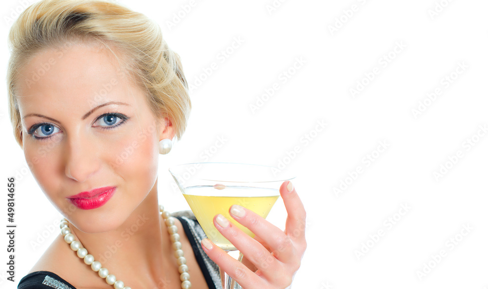 Young woman holding goblet with cocktail. Isolated on white Young woman holding goblet with cocktail. Isolated on white