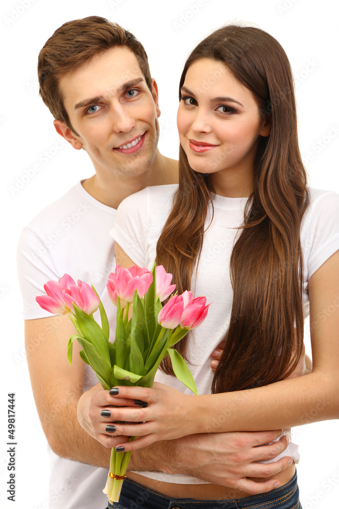 Fototapeta Kochająca para z tulipanami na białym tle