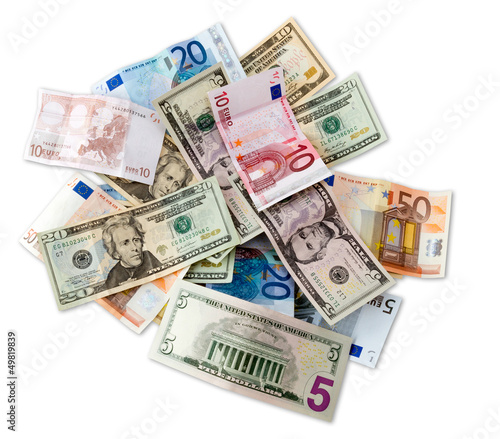 Euro and dollar banknotes top view with clipping path
