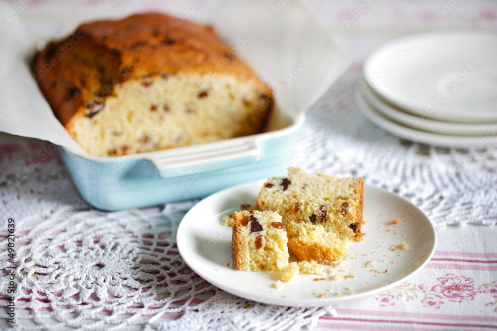 Teatime sweet bread or pound cake with dried fruit, crumbled Teatime sweet bread or pound cake with dried fruit, crumbled