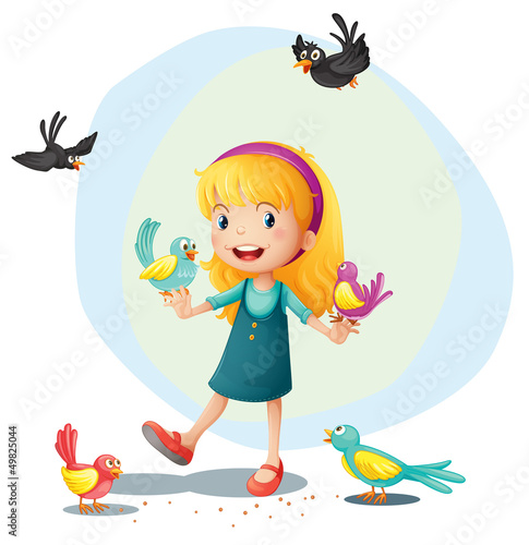 A girl playing with the birds