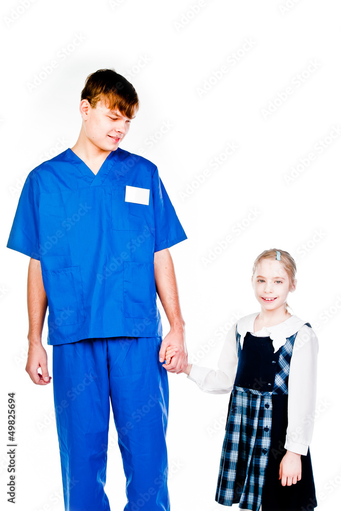 beautiful girl with a doctor in a blue robe beautiful girl with a doctor in a blue robe