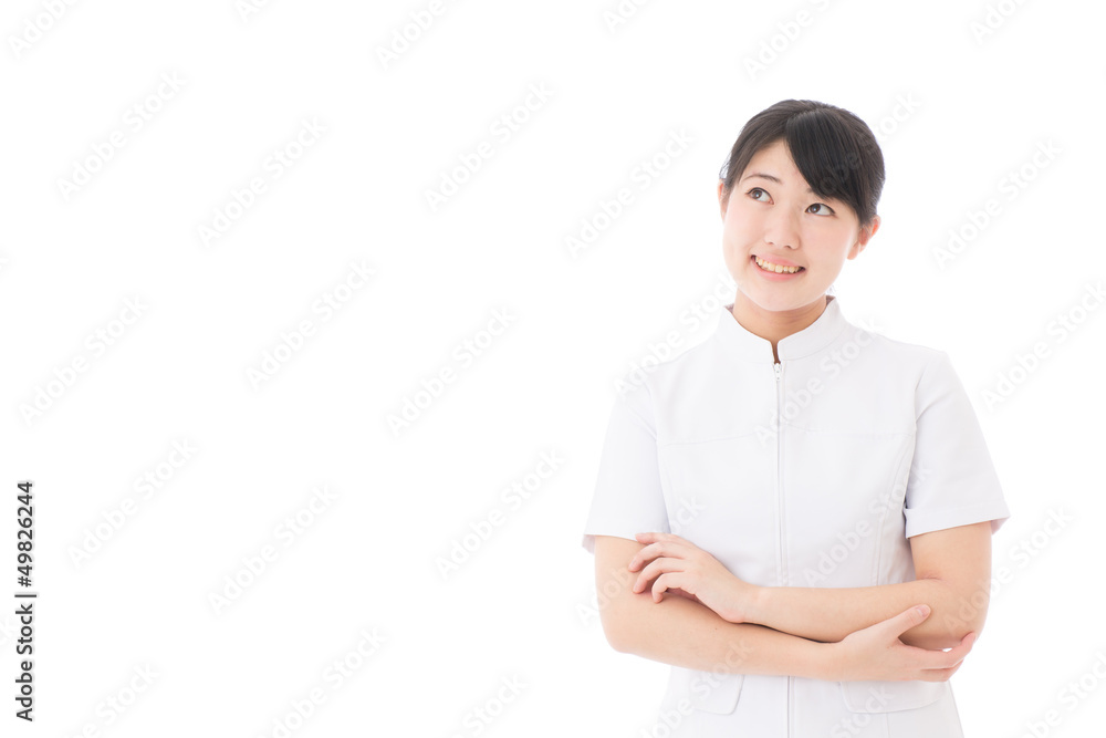 a young asian nurse thinking on white background a young asian nurse thinking on white background