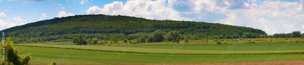 panorama of green fields and beautiful blue sky