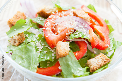 light vegetable salad with croutons and sesame