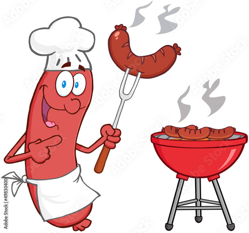 Happy Sausage Chef Cook At Barbecue