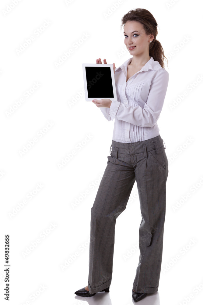 Businesswoman presenting a digital tablet isolated on white Businesswoman presenting a digital tablet isolated on white