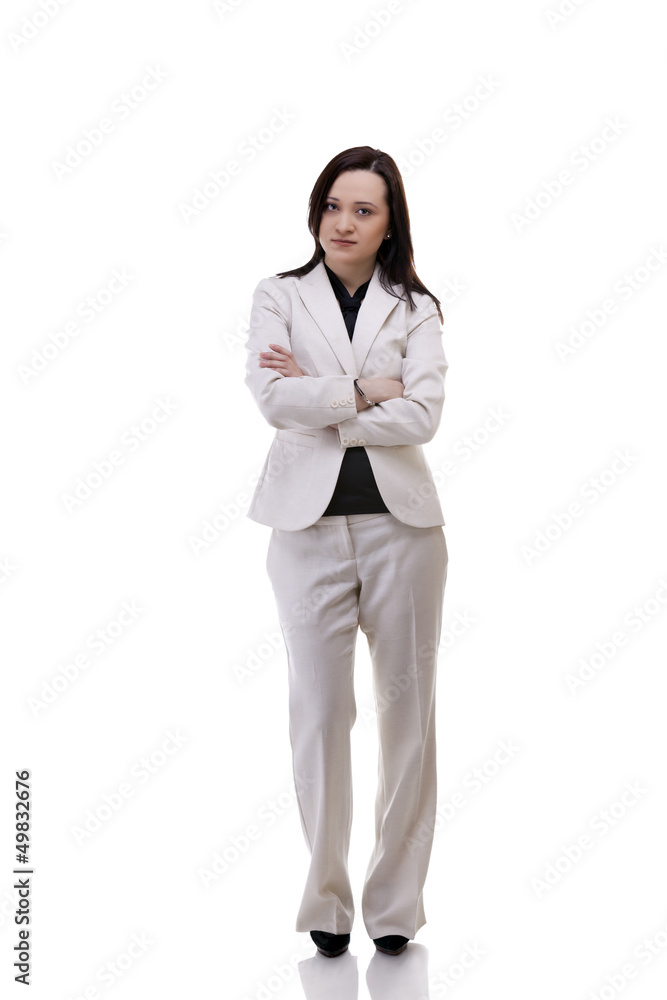 Gorgeous businesswoman in white suite full body isolated on whit Gorgeous businesswoman in white suite full body isolated on whit