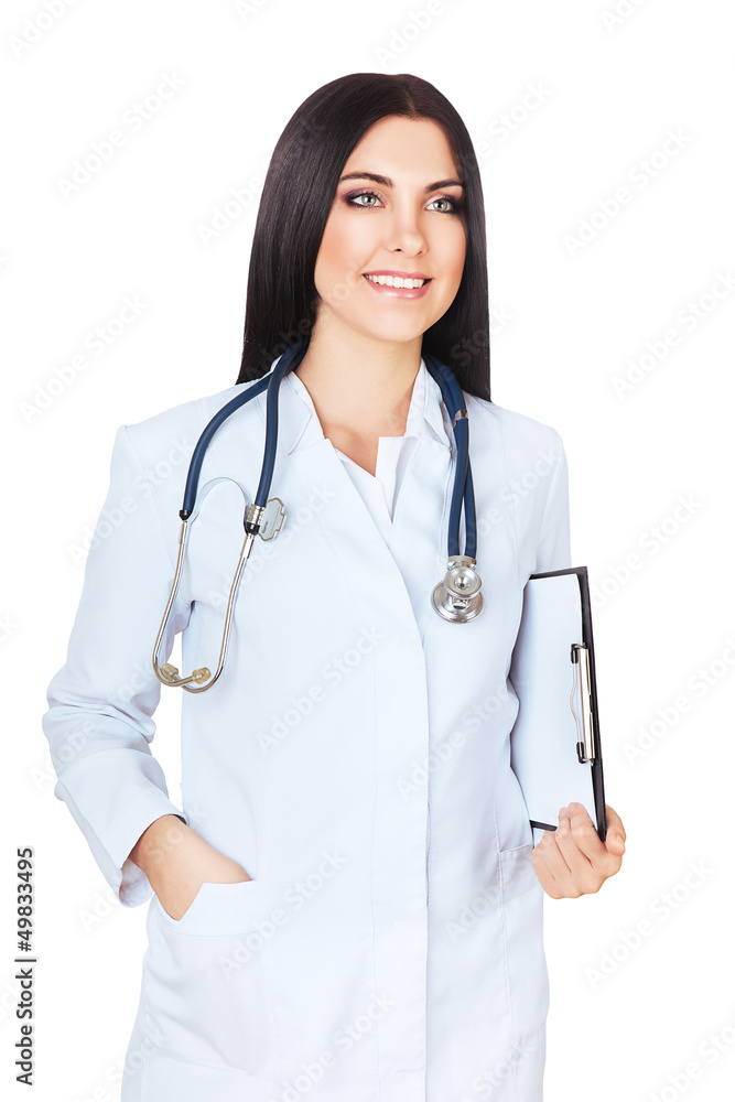 beautiful smiling doctor with folder and stethoscope beautiful smiling doctor with folder and stethoscope
