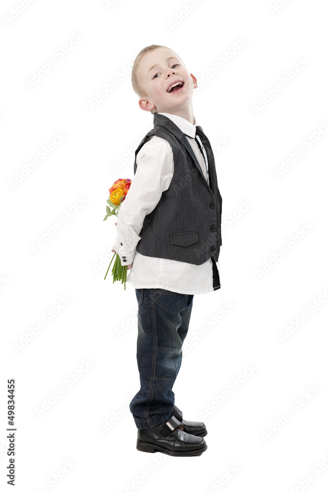 mother's day, little boy hiding flowers behind his back. mother's day, little boy hiding flowers behind his back.