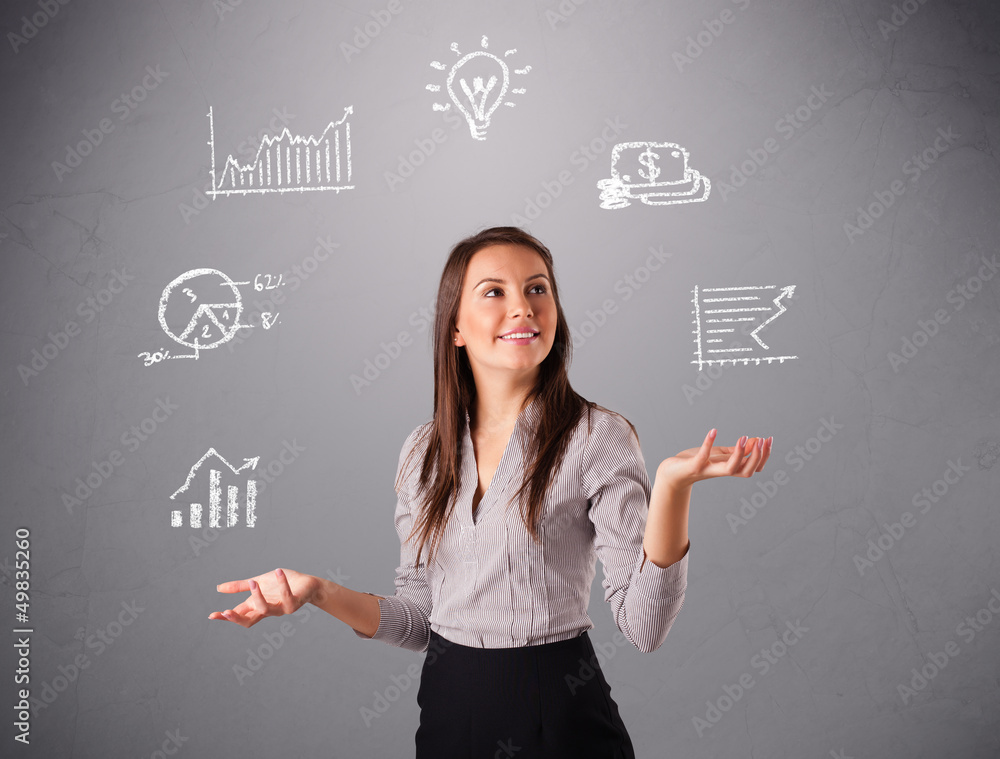 beautiful young woman juggling with statistics and graphs beautiful young woman juggling with statistics and graphs