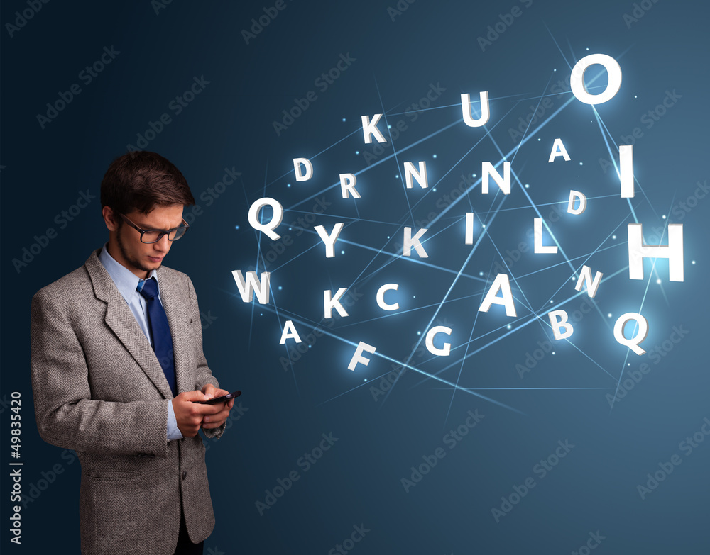 Young man typing on smartphone with high tech 3d letters comming Young man typing on smartphone with high tech 3d letters comming