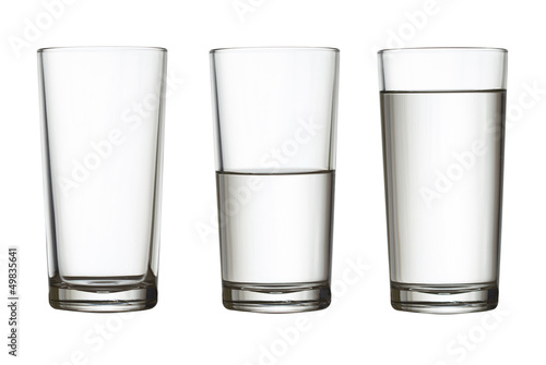 tall empty, half and full glass of water isolated on white with