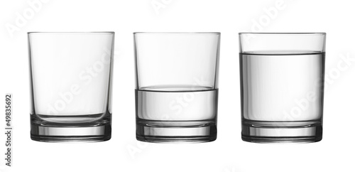 low empty, half and full of water glass isolated on white with c