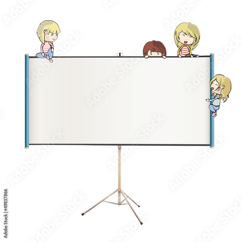 Many children around projector screen. Vector design.