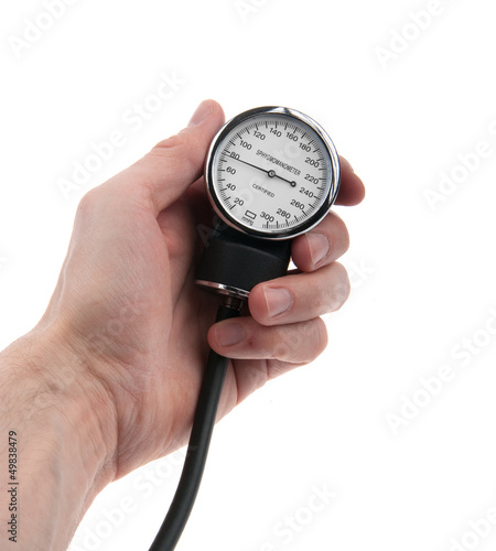 Hand holding a sphygmomanometer isolated