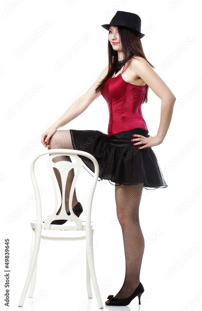 showgirl woman dance in red corset chair white isolated showgirl woman dance in red corset chair white isolated
