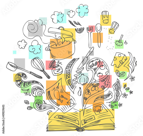 Sketchy doodles with cook book and ingredients