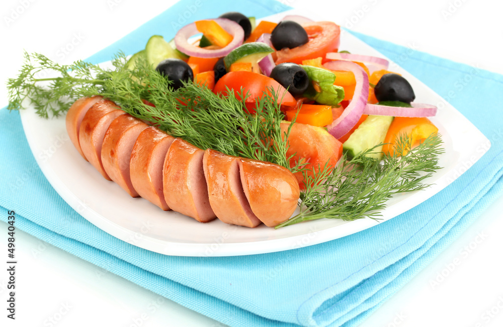 Grilled sausage with fresh salad close up Grilled sausage with fresh salad close up