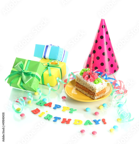 Colorful birthday cake with candle and gifts isolated on white