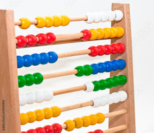Close view of an abacus with colored beads.