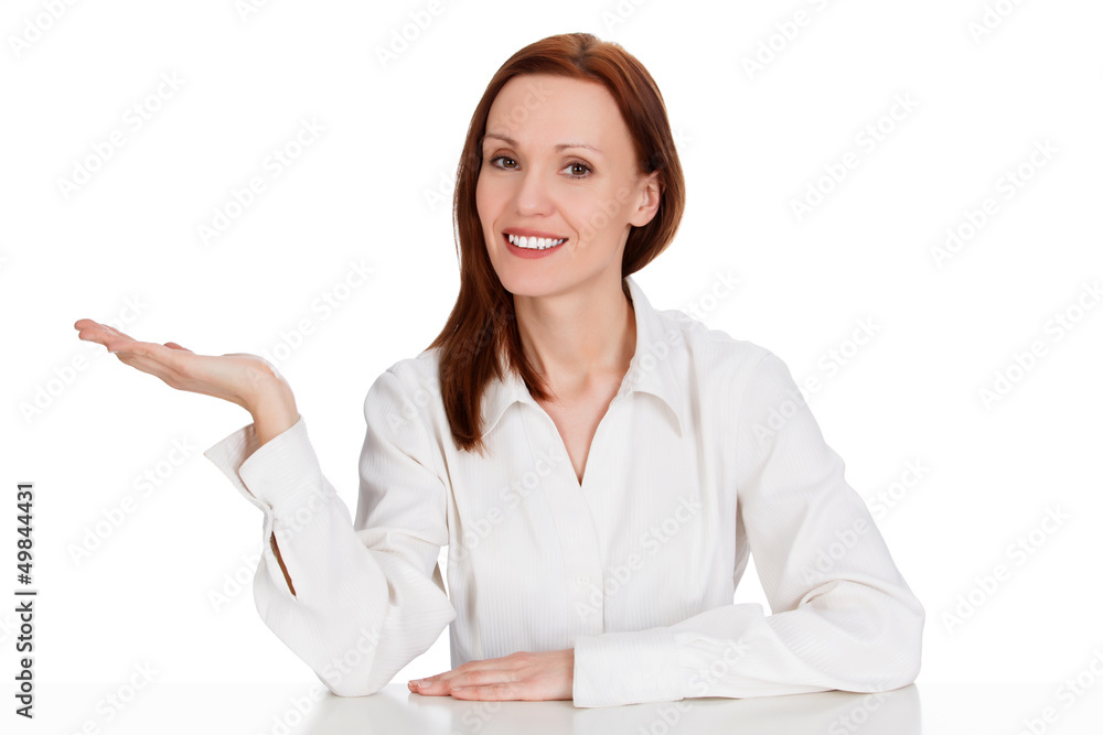 Business woman holding something on her hand, isolated on white Business woman holding something on her hand, isolated on white
